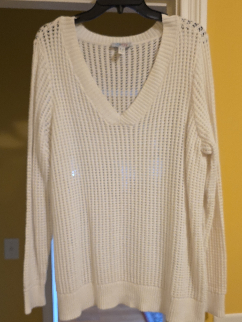 Denim&Co Cream Open-Knit V-Neck Sweater